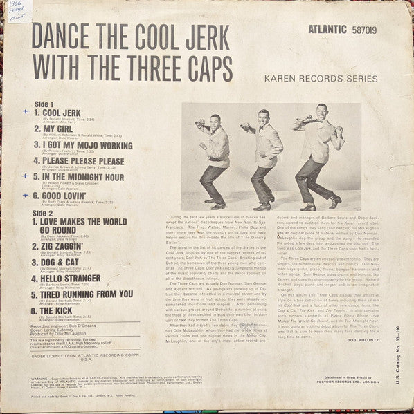 Image of Back Cover of 1144495S: LP - THREE CAPS, Dance The Cool Jerk With The Three Caps (Atlantic Plum & Orange; 587019, UK 1968, Laminated Front Sleeve, Mono) Marks on vinyl. Light wear to sleeve with light creases crease in top right & light ringwear.  VG/VG