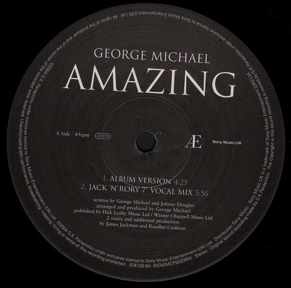 Image of Label Cover of 12" - G+/VG - GEORGE MICHAEL, Amazing (The Mixes) (Aegean ; 674726 6, UK 2004, Picture Sleeve), Light marks and scuffs. Sleeve intact but creased and worn, sticker mark to varnish.,  - 2916261C