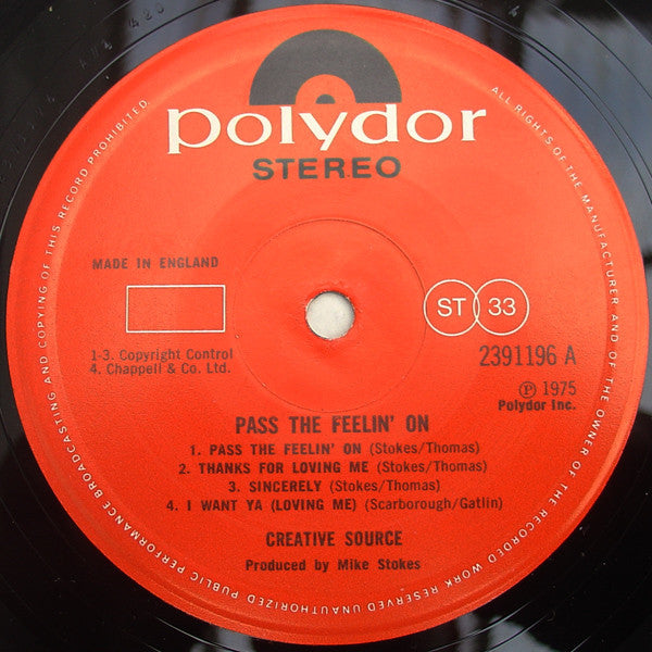 Image of Label Cover of LP - VG/VG+ - CREATIVE SOURCE, Pass The Feelin' On (Polydor Red Label; 2391 196, UK 1975), A few light hairlines only.,  - 3726127E