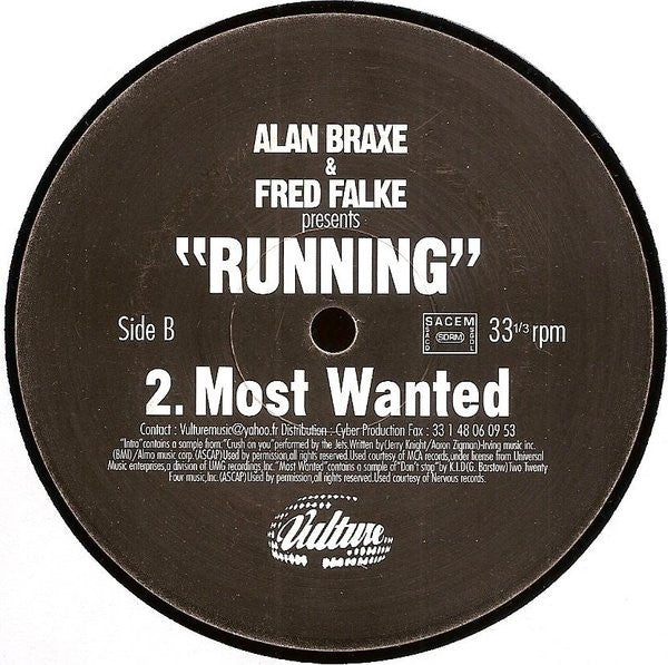 Image of Back Cover of 12" - VG/VG - ALAN BRAXE & FRED FALKE, Running (Vulture Music ; VULT 001, France 2000, Company Sleeve), , TracklistA - Intro   4:53B - Most Wanted   6:29 - 2326073E