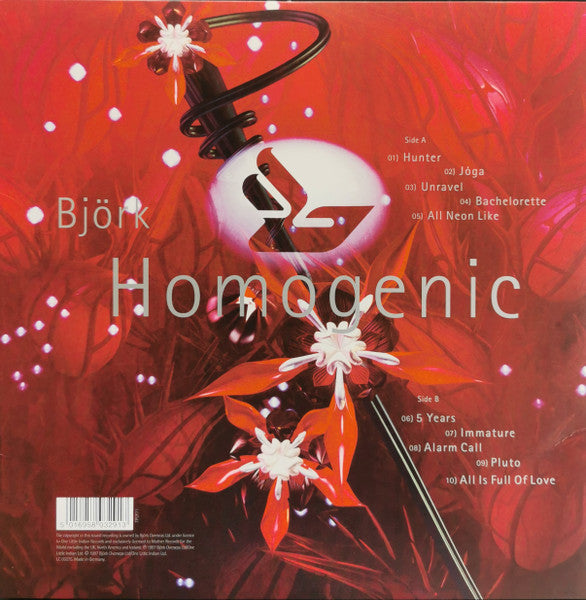 Image of Back Cover of LP - G+/VG - BJORK, Homogenic (One Little Indian ; TPLP71, UK 2015, Inner, 180 Gram Vinyl, Made in Germany on back cover), Scuffs, edge wear, seam split sleeve, seam splits on inner,  - 3646340S