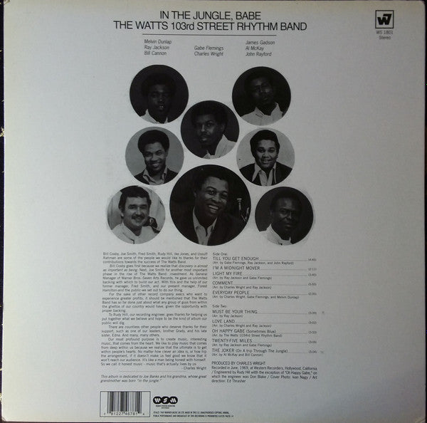 Image of Back Cover of 4844231S: LP - THE WATTS 103RD ST RHYTHM BAND, In The Jungle, Babe (Warner Strategic Marketing United Kingdom ; 8122-74678-1, UK 2007 Reissue, Glossy Sleeve, Company Inner) Still in shrinkwrap.   VG+/VG+