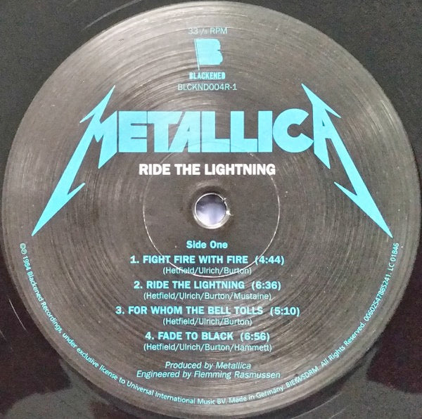 Image of Label Cover of LP - NEW/NEW - METALLICA, Ride The Lightning (Blackened ; 00602547885241, UK 2016 Reissue, Insert), , Second studio album by the American heavy metal band, originally released in 1984. Although rooted in the thrash metal genre, the album showcased the band's musical growth and lyrical sophistication. Instead of relying heavily on fast tempos as on its debut 'Kill 'Em All', Metallica broadened its approach by employing acoustic guitars, extended instrumentals, and more complex harmoni