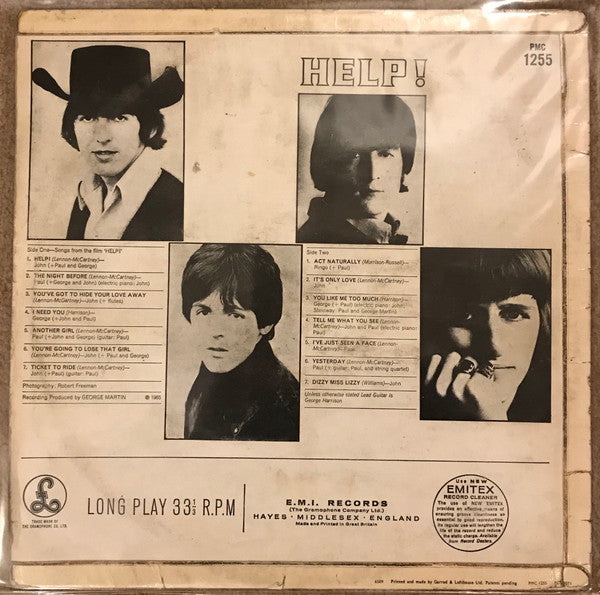 Image of Back Cover of LP - G+/G - THE BEATLES, Help! (Parlophone Black/Yellow; PMC 1255, UK 1965, Laminated Flipback Sleeve, Mono, First pressing, XEX 549-2, XEX 550-2, Sans Serif Font, K/T  Tax Code), Fogging, light scratches and hairlines. Tear to opening edge, staining and heavy creasing. Very subtle mal-aligned ink colouring to sleeve.,  - 3246352S