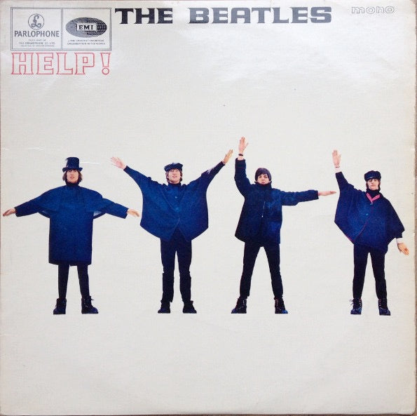 Image of Front Cover of LP - G+/G - THE BEATLES, Help! (Parlophone Black/Yellow; PMC 1255, UK 1965, Laminated Flipback Sleeve, Mono, First pressing, XEX 549-2, XEX 550-2, Sans Serif Font, K/T  Tax Code), Fogging, light scratches and hairlines. Tear to opening edge, staining and heavy creasing. Very subtle mal-aligned ink colouring to sleeve.,  - 3246352S