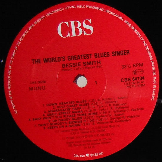Image of Label Cover of 2xLP - VG+/VG+ - BESSIE SMITH, World's Greatest Blues Singer (CBS Red Label; 66258, UK 1980s Reissue, Gatefold, Mono), ,  - 4026319E