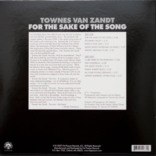 Image of Back Cover of LP - NEW/NEW - TOWNES  VAN ZANDT, For The Sake Of The Song (Fat Possum Records ; FP1087-1, US 2012), ,  - 0416473C