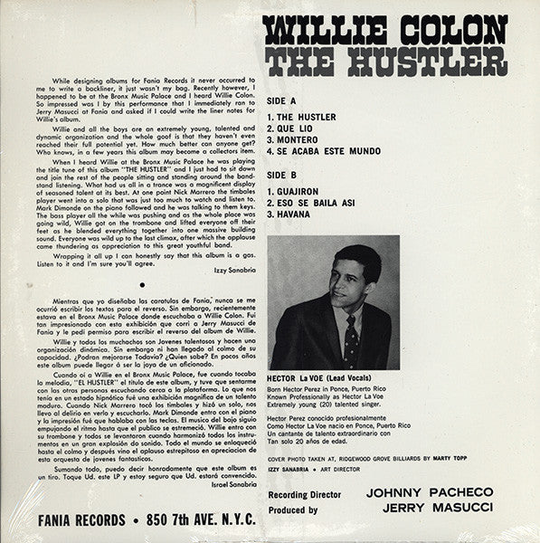 Image of Back Cover of 0526100E: LP - WILLIE COLON, The Hustler (Fania Records (Gold Labels); SLP 347, US 2002 Reissue, Picture Sleeve)   VG+/VG+
