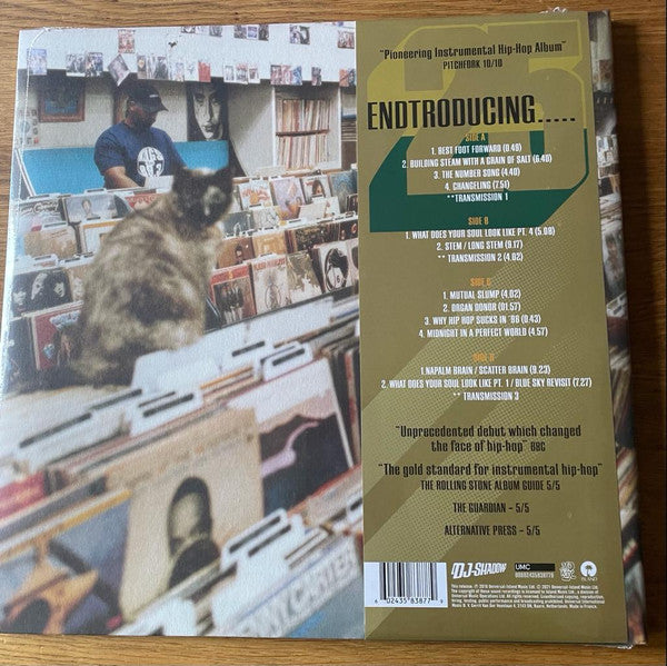 Image of Back Cover of 2xLP - VG/VG - DJ SHADOW, Endtroducing..... (UMC; 00602435838779, UK 2021 Reissue, Gatefold, 2 Inners, Half-Speed Mastered. With Certificate), Obi detached from sleeve and worn / damaged,  - 3716243C