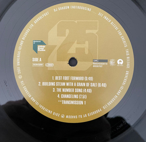 Image of Label Cover of 2xLP - VG/VG - DJ SHADOW, Endtroducing..... (UMC; 00602435838779, UK 2021 Reissue, Gatefold, 2 Inners, Half-Speed Mastered. With Certificate), Obi detached from sleeve and worn / damaged,  - 3716243C