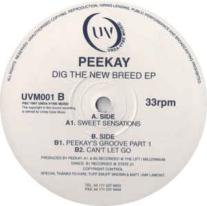 Image of Front Cover of 12" - /G - PEEKAY, Dig The New Breed EP (Unda-Vybe Music ; UVM001, UK 1997), Deeper mark on B1 which clicks lightly for a few rotations, A1		Sweet SensationsB1		Peekay's Groove Part 1B2		Can't Let Go - 3016244C