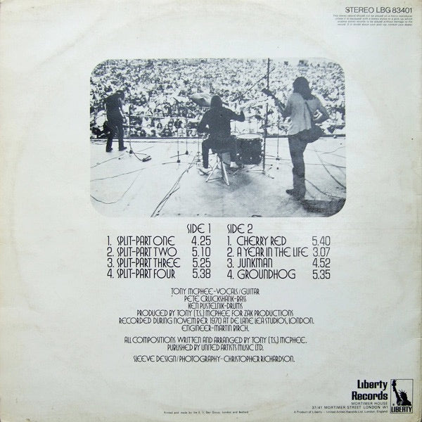 Image of Back Cover of 3524513E: LP - GROUNDHOGS, Split (Liberty Black, Blue And Yellow; LBG 83401, UK 1971, Laminated Gatefold Sleeve) Sleeve has some creases, back cover stained with ringwear. Some pen writing on back with some names scratched out.  VG/VG