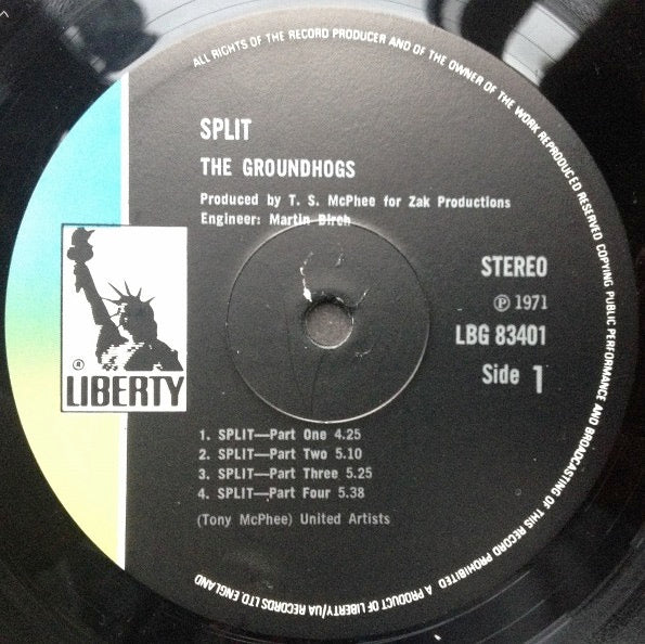 Image of Label of 3524513E: LP - GROUNDHOGS, Split (Liberty Black, Blue And Yellow; LBG 83401, UK 1971, Laminated Gatefold Sleeve) Sleeve has some creases, back cover stained with ringwear. Some pen writing on back with some names scratched out.  VG/VG