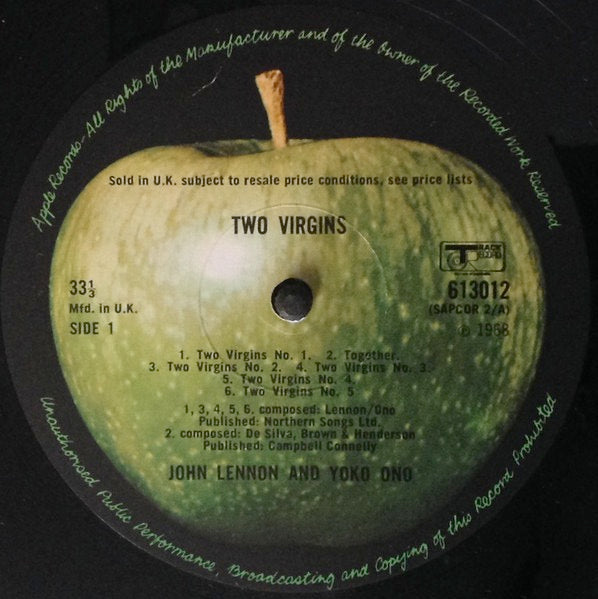 Image of Label Cover of 5124402E: LP - JOHN LENNON AND YOKO ONO, Unfinished Music No. 1. Two Virgins (Apple Records ; SAPCOR 2, UK 1968, Laminated Sleeve, Black Inner Sleeve, Stereo) Strong VG - Surface Mark Which Does Not Sound, Inner Slightly Torn  VG/VG