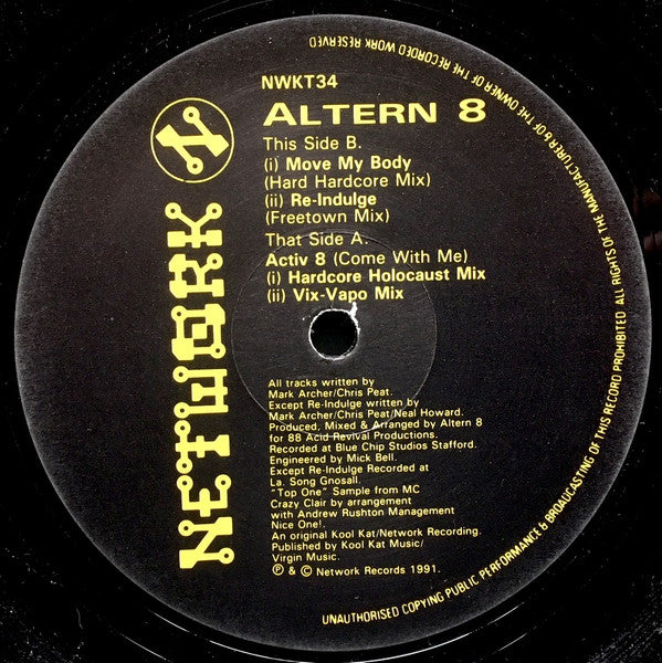 Image of Label Cover of 12" - VG+/VG+ - ALTERN 8, Activ 8 (Come With Me) (Network Records  ; NWKT 34, UK 1991, Picture Sleeve), Light marks only, don't affect playing.,  - 2446117S