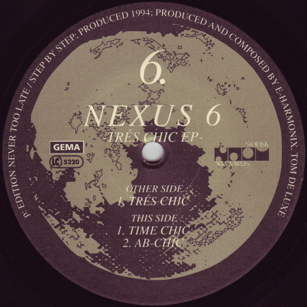 Image of Label Cover of 12" - G+/G+ - NEXUS 6, Tr s Chic EP (Noom Records ; NOOM 006-12, Germany 1994, Company Sleeve), Lots of hairlines and light marks, lower end of G+. Lots of ring + corner + edge wear as well as marks on sleeve. , Tr s Chic	Time ChicAB-Chic - 1416595C