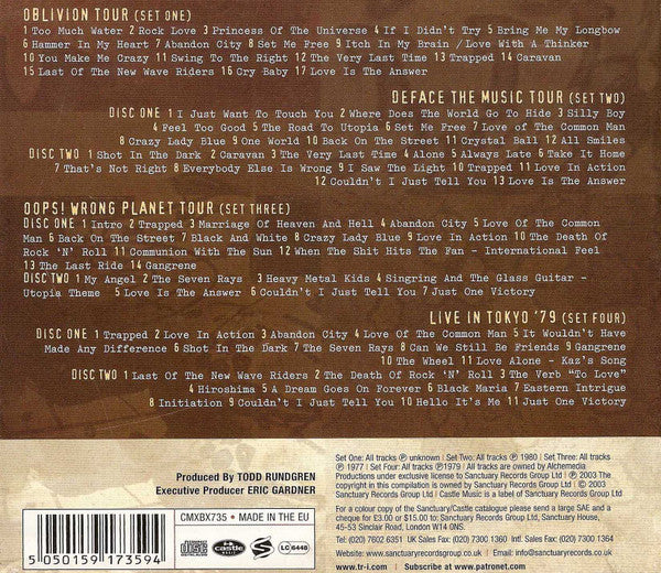 Image of Back Cover of 4753343S: 7xCD - UTOPIA, Last Of The New Wave Riders (Castle Music ; CMXBX735, Europe 2003, Box Set) Disc 1 of Live in TOKYO '79 has light marks on the run out.  VG+/VG+