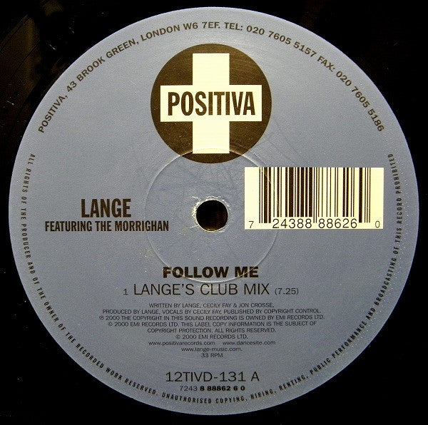 Image of Label Cover of 2x12" - VG/VG+ - LANGE FEATURING THE MORRIGHAN, Follow Me (Positiva  ; 12TIVD-131, UK 2000, Titled Company Sleeve), Promo sticker on sleeve. Sleeve has corner damage and creasing.,  - 2116679C