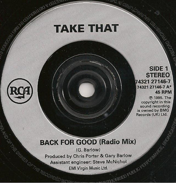 Image of Label Cover of 7" - VG/VG+ - TAKE THAT, Back For Good (RCA Silver Injection Labels.; 74321271467, UK 1995, Picture Sleeve), ,  - 4316641C