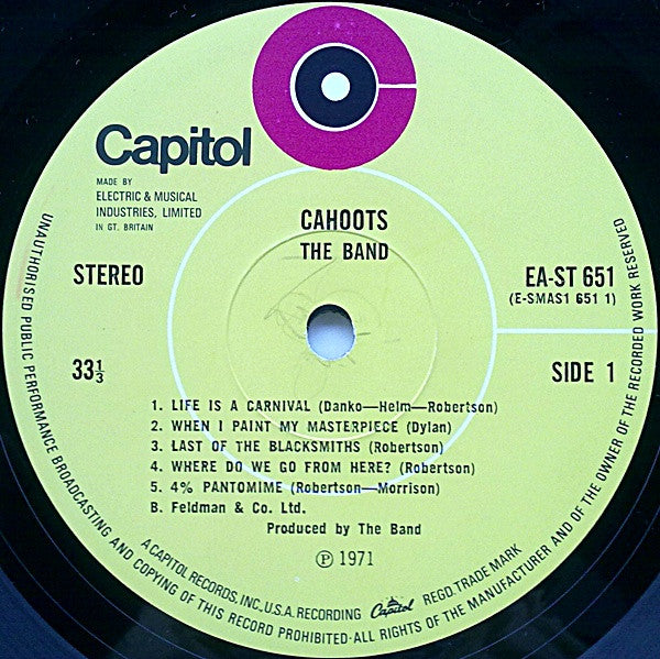 Image of Label of 3644114S: LP - THE BAND, Cahoots (Capitol Green; EAST651, UK 1971, Gatefold) Scuffs and hairlines, light ring wear, sticker damage  VG/VG