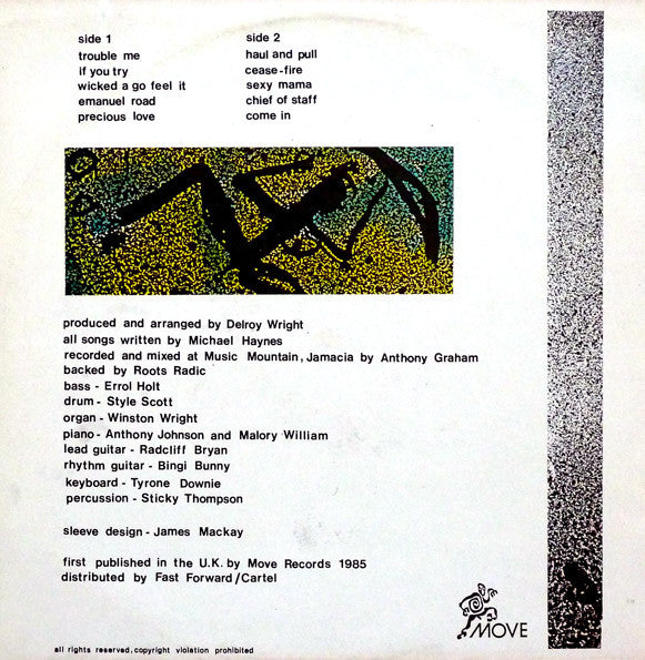 Image of Back Cover of 4615682C: LP - MICHAEL PROPHET, Cease-Fire (Move; , UK 1985) Lots of light marks, plays fine. Pressing flaw affects the last rotations of side B.  G+/G+