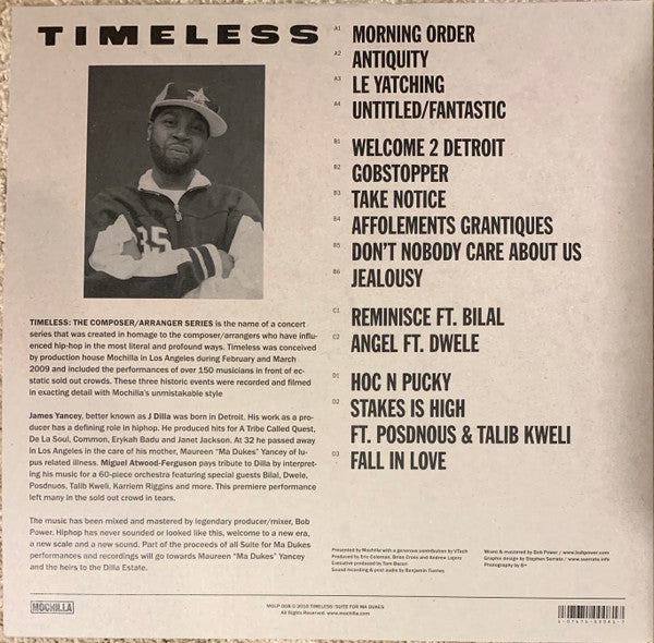 Image of Back Cover of 2xLP - EX/EX - MIGUEL ATWOOD-FERGUSON, Mochilla Presents Timeless: Suite For Ma Dukes - The Music Of James "J Dilla" Yancey (Mochilla ; MOLP-008, US 2021 Reissue, Gatefold, 2 Inners, Ltd to 4000), Opened Instore, Still In Stickered Shrinkwrap,  - 3346229S