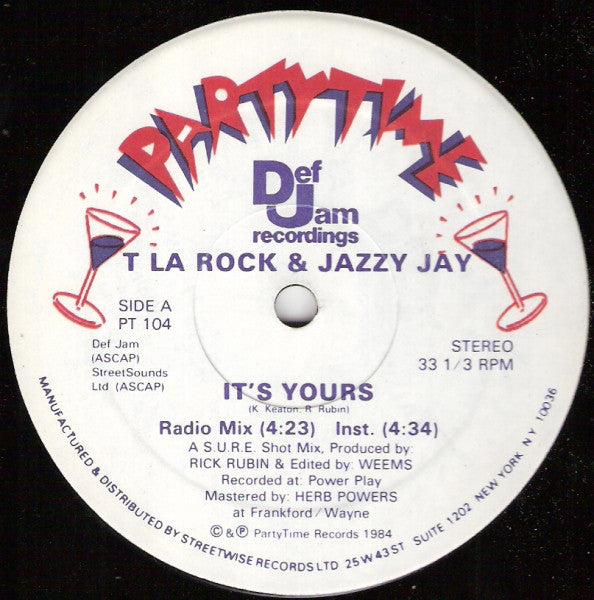 Image of Front Cover of 12" - VG/VG+ - T LA ROCK & JAZZY JAY, It's Yours (Partytime; PT 104, US 1984, Die Cut Company Sleeve), Lightest of marks. Light creasing on sleeve.,  - 3646165S