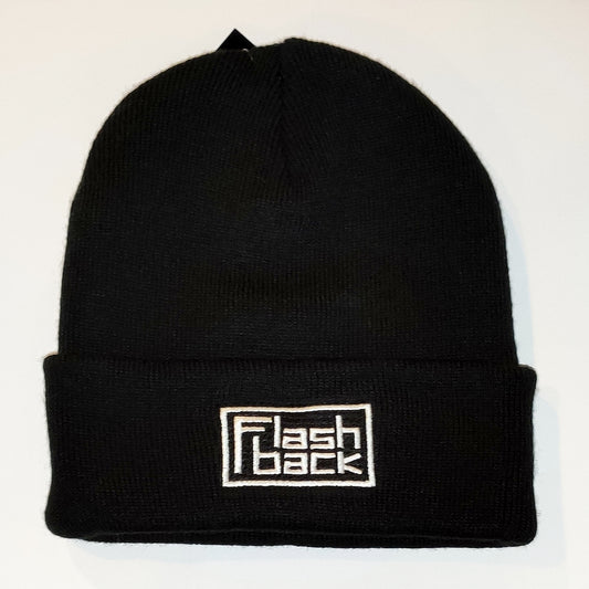 Image of Front Cover of Accessories - NEW/NEW - FLASHBACK OFFICIAL MERCHANDISE, Flashback Logo Soft-touch Acrylic Cuffed Beanie Hat (Flashback; , UK , One Size, Black with Embroidered White Logo), , Soft-touch acrylic cuffed beanie.  - 0314293C