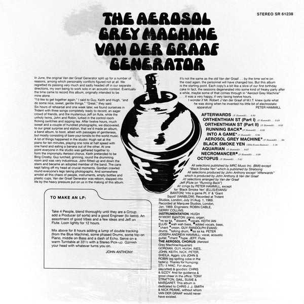 Image of Back Cover of 4725118E: LP - VAN DER GRAAF GENERATOR, The Aerosol Grey Machine (Mercury ; SR 61238, US 1999 Reissue, Scorpio Pressing) Strong VG+  VG+/VG+