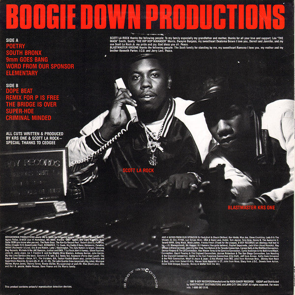 Image of Back Cover of LP - G/G - BOOGIE DOWN PRODUCTIONS, Criminal Minded (B-Boy Records (Brown/Gold Label); BB 4787 JBM, US 1987, Picture Sleeve), Edgewear and heavy creasing on sleeve. Record has many marks.,  - 3726413E