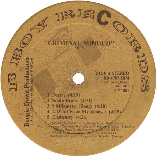 Image of Label Cover of LP - G/G - BOOGIE DOWN PRODUCTIONS, Criminal Minded (B-Boy Records (Brown/Gold Label); BB 4787 JBM, US 1987, Picture Sleeve), Edgewear and heavy creasing on sleeve. Record has many marks.,  - 3726413E