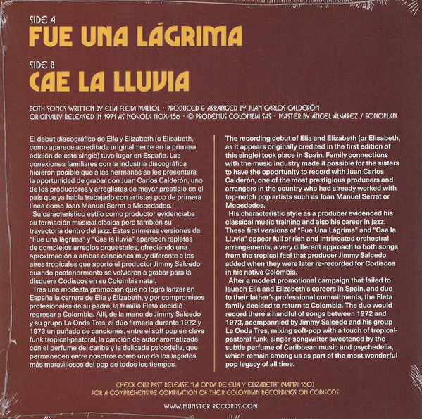 Image of Back Cover of 4624308E: 7" - ELIA Y ELISABETH, Fue Una Lagrima / Cae La Lluvia (Vampi Soul ; 45075, Spain 2020 Reissue, Picture Sleeve)   EX/VG+