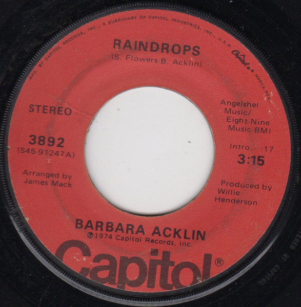 Image of Front Cover of 1454436S: 7" - BARBARA ACKLIN, Raindrops (Mono) /  Raindrops (Stereo) (Capitol Records ; P-3892, US 1974, Promo, Plain Sleeve) Lightest marks only  /VG