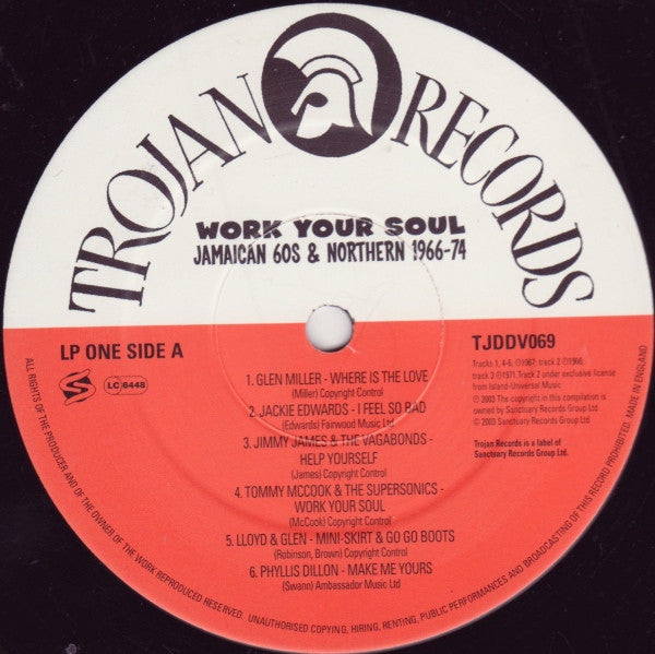 Image of Label Cover of 2xLP - VG/G+ - VARIOUS ARTISTS, Work Your Soul - Jamaican 60s & Northern 1966-74 (Trojan Records; TJDDV069, UK 2003), Lots of surface marks on side B, and several harilines on side C, but plays VG/VG+. Disc 1 in VG+. Sleeve in strong VG.,  - 2746095S
