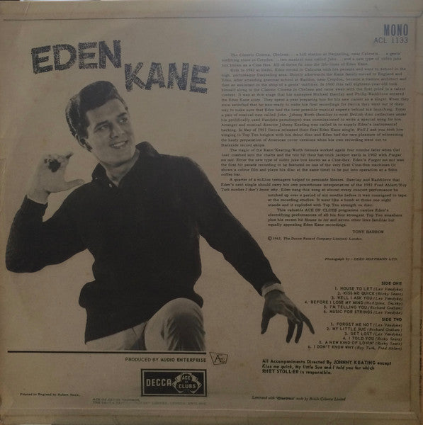 Image of Back Cover of 2925283E: LP - EDEN KANE, Eden Kane (Ace Of Clubs ; ACL 1133, UK 1962, Laminated Flipback Sleeve) Strong VG+  VG+/VG+