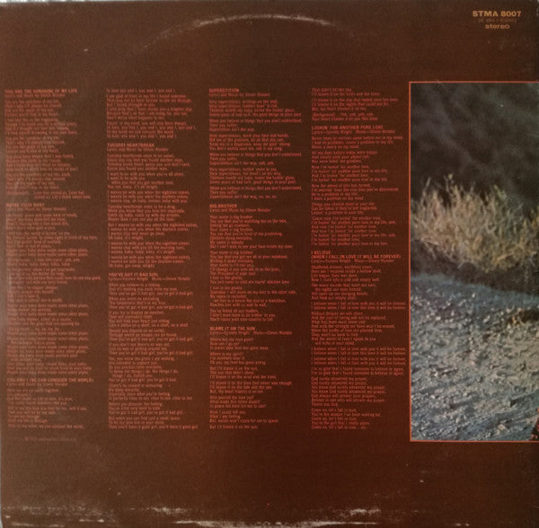 Image of Back Cover of LP - VG/VG - STEVIE WONDER, Talking Book (Tamla Motown; STMA 8007, UK 1973, Gatefold, "The Gramophone Co." rim text), Strong VG, only a handful of hairlines. Sleeve has minor wear creasing. Nice copy.,  - 4326022E