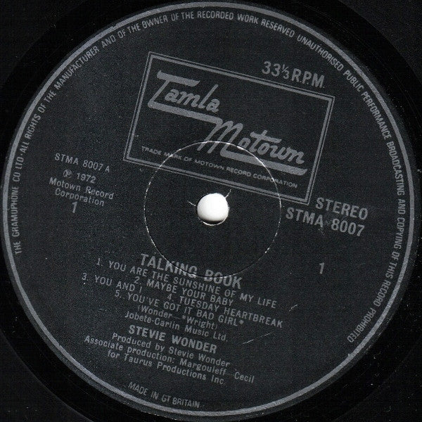 Image of Label Cover of LP - VG/VG - STEVIE WONDER, Talking Book (Tamla Motown; STMA 8007, UK 1973, Gatefold, "The Gramophone Co." rim text), Strong VG, only a handful of hairlines. Sleeve has minor wear creasing. Nice copy.,  - 4326022E