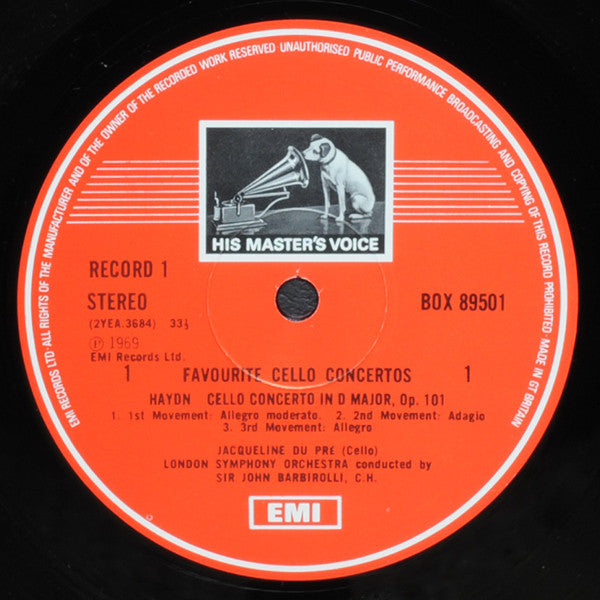 Image of Label Cover of 0125077E: 3xLP - JACQUELINE DU PRE, Favourite Cello Concertos: Dvorak, Elgar, Haydn, Schumann (HMV Red, Black & White Square Nipper Box; SLS 895, UK 1980, Box Set, Booklet) Strong VG  VG/VG