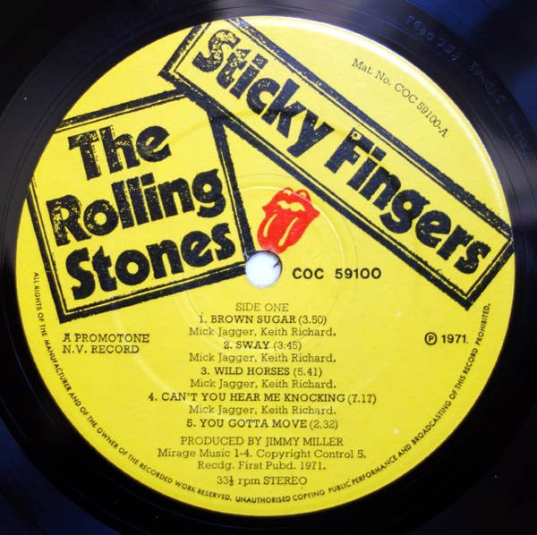 Image of Label Cover of 4925172E: LP - THE ROLLING STONES, Sticky Fingers (Rolling Stones Records ; COC 59100, UK 1971, Small Star Zip, Insert, With Promotone Record on label) Nice Copy. Minor Scuffs on Sleeve, but All Die Cuts and Zipper Intact, Minor Creases  VG/VG
