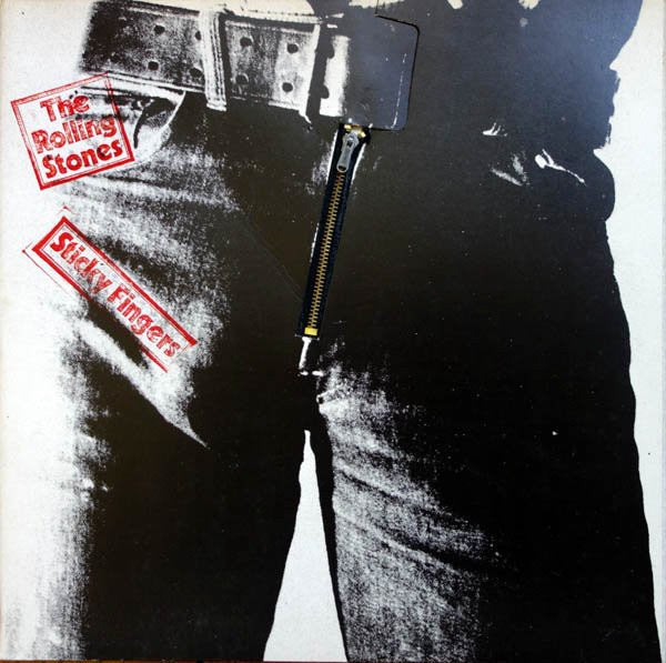 Image of Front Cover of LP - VG/VG - THE ROLLING STONES, Sticky Fingers (Rolling Stones Records ; COC 59100, UK 1971, Small Star Zip, Insert, With Promotone Record on label), Vinyl is strong VG. Sleeve is missing a little bit above zip.,  - 1426356E