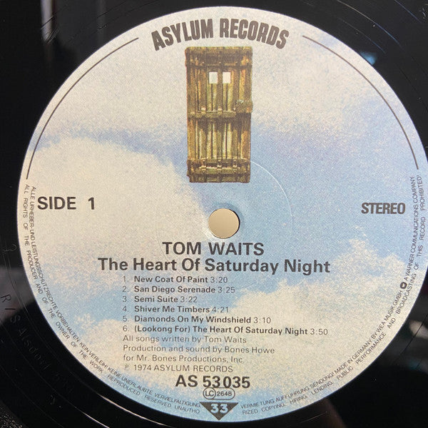 Image of Label Cover of LP - VG/VG - TOM WAITS, The Heart Of Saturday Night (Asylum Records No Rights Box; AS 53 035, UK 1980s Reissue, STRAWBERRY UK Runouts), Light marks, heavy edge wear. "Prime Cuts" sticker no sleeve.,  - 3416122C