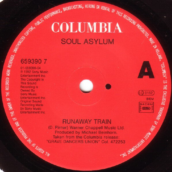 Image of Label Cover of 7" - VG/VG - SOUL ASYLUM, Runaway Train (Columbia Solid Centre; 659390 7, Europe 1993, Picture Sleeve), ,  - 2916357C