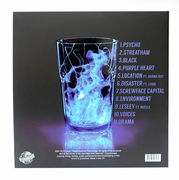 Image of Back Cover of 5114168C: 2xLP - DAVE, Psychodrama (Neighbourhood Recordings ; 0604565297802, UK 2019, Gatefold, 2 Inners, Blue Vinyl, 180g) Light marks/fogging on vinyl from storage. Two small command strips stuck inside sleeve openings.  VG/VG