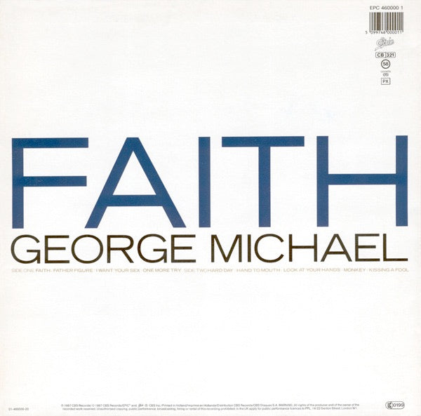 Image of Back Cover of LP - VG/G+ - GEORGE MICHAEL, Faith (Epic; EPC 460000 1, UK 1987, Inner & Insert, Faith Below George Michael on Both Labels), Would be VG but 1 feelable scratch on side1, edge wear,  - 3946067S