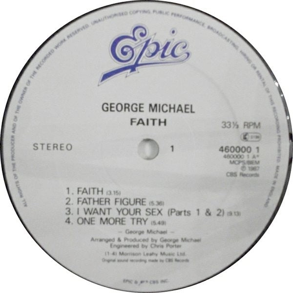 Image of Label Cover of LP - VG/G+ - GEORGE MICHAEL, Faith (Epic; EPC 460000 1, UK 1987, Inner & Insert, Faith Below George Michael on Both Labels), Would be VG but 1 feelable scratch on side1, edge wear,  - 3946067S