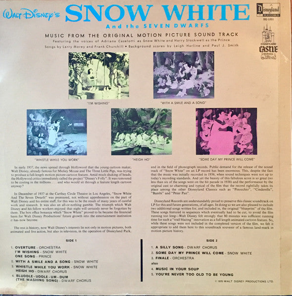 Image of Back Cover of LP - VG+/VG+ - VARIOUS, Walt Disney's Snow White And The Seven Dwarfs (Music From The Original Motion Picture Sound Track) (Disneyland; DQ-1201, UK 1970, Laminated Front Sleeve, Blue Labels.), ,  - 4326302E