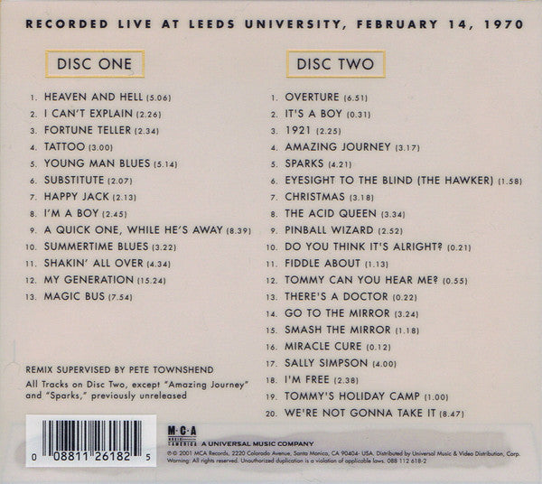 Image of Back Cover of 4935245E: 2xCD - THE WHO, Live At Leeds - Deluxe edition (MCA Records ; 088 112 618-2, US 2001 Reissue, Double Gatefold, Booklet, Housed in Plastic Cover)   VG+/VG+