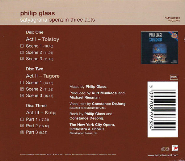 Image of Back Cover of 3xCD - VG/VG - PHILIP GLASS - NEW YORK CITY OPERA ORCHESTRA AND CHORUS, CHRISTOPHER KEENE, Satyagraha (Sony Classical ; 0879732000, Austria 2003, Box Set, Booklet), Dent In Box, Minor Marks on CD,  - 3836090E