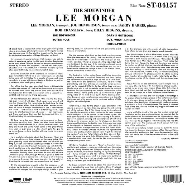 Image of Back Cover of LP - NEW/NEW - LEE MORGAN, The Sidewinder (Blue Note ; 0743886,  2020 Reissue, 180 Gram Vinyl), ,  - 2216372C