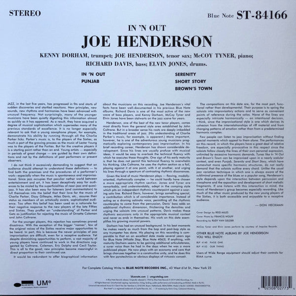 Image of Back Cover of LP - NEW/NEW - JOE HENDERSON, In 'N Out (Blue Note ; 0802773, USA & Europe 2019 Reissue), ,  - 2216324C